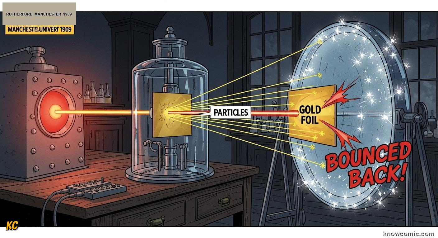 THE GOLD FOIL EXPERIMENT, 1909: comic illustration from Topic 03: The Nuclear Atom
