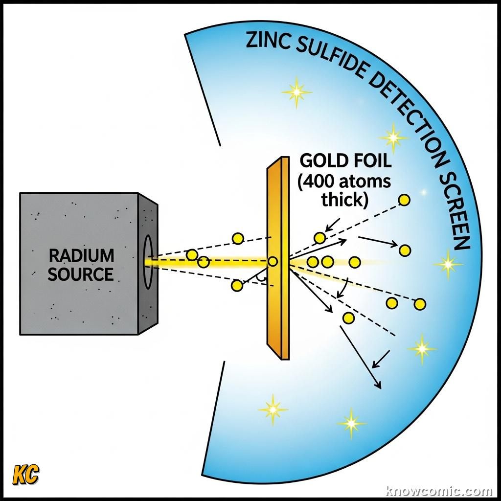 THE GOLD FOIL EXPERIMENT: comic illustration from Topic 03: The Nuclear Atom