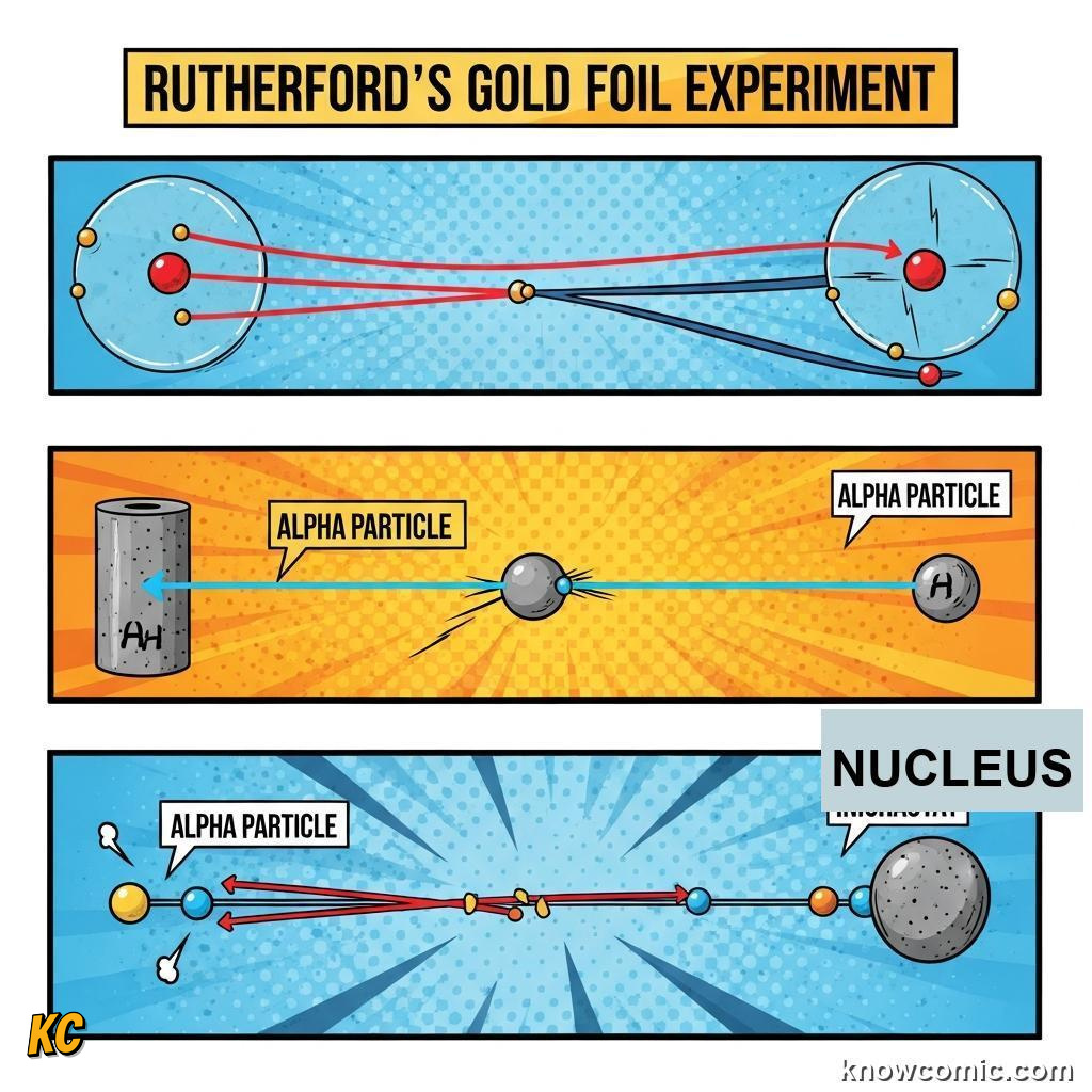 THE GOLD FOIL EXPERIMENT: comic illustration from Topic 03: The Nuclear Atom