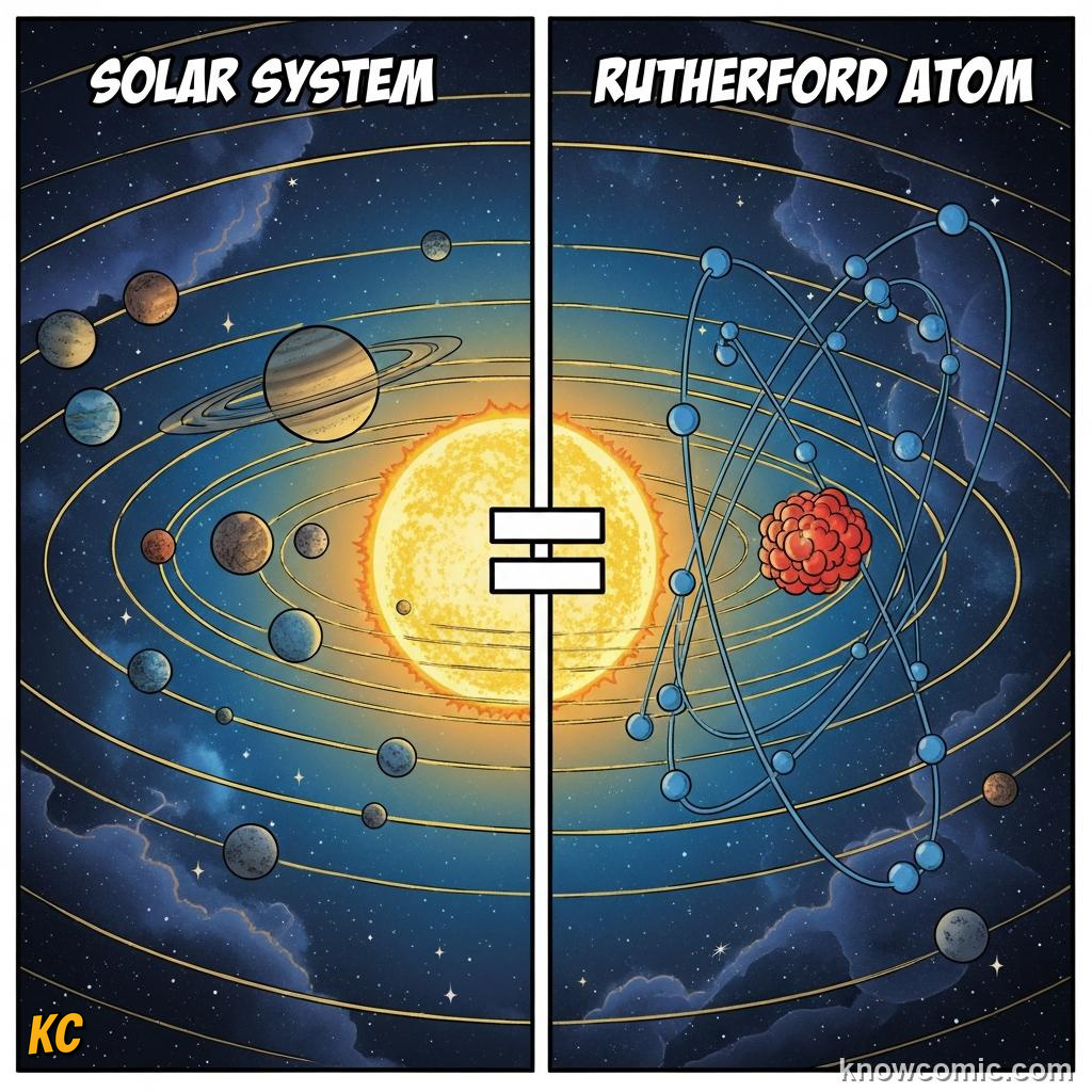 THE NUCLEAR MODEL IS BORN: comic illustration from Topic 03: The Nuclear Atom
