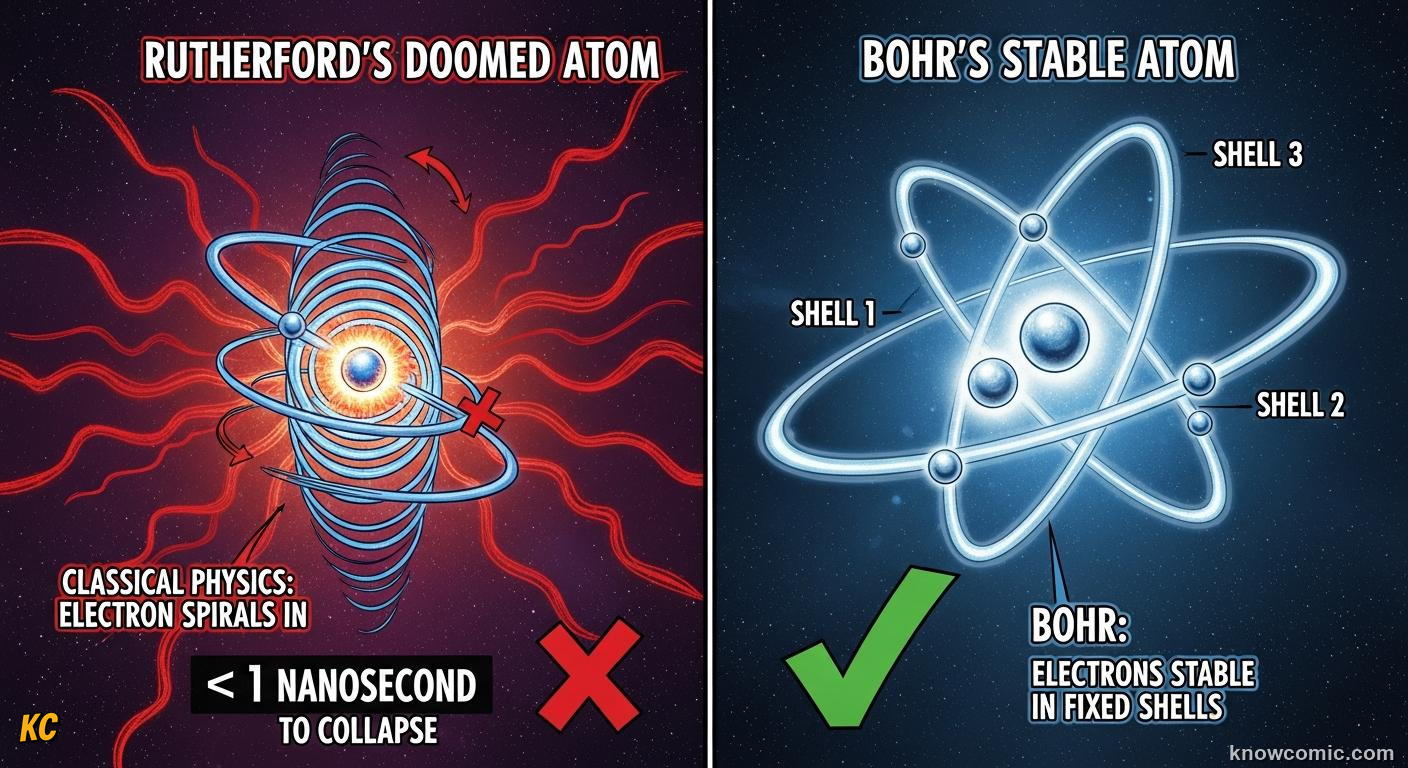 THE FLAW IN RUTHERFORD'S ATOM: comic illustration from Topic 04: The Bohr Model