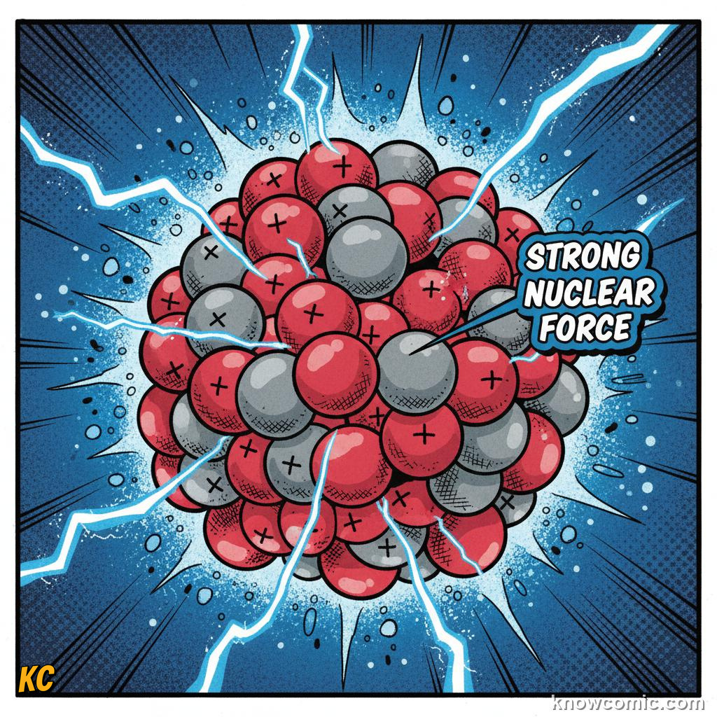 THE PROTON — AN ATOM'S ID BADGE: comic illustration from Topic 05: Protons & Atomic Number