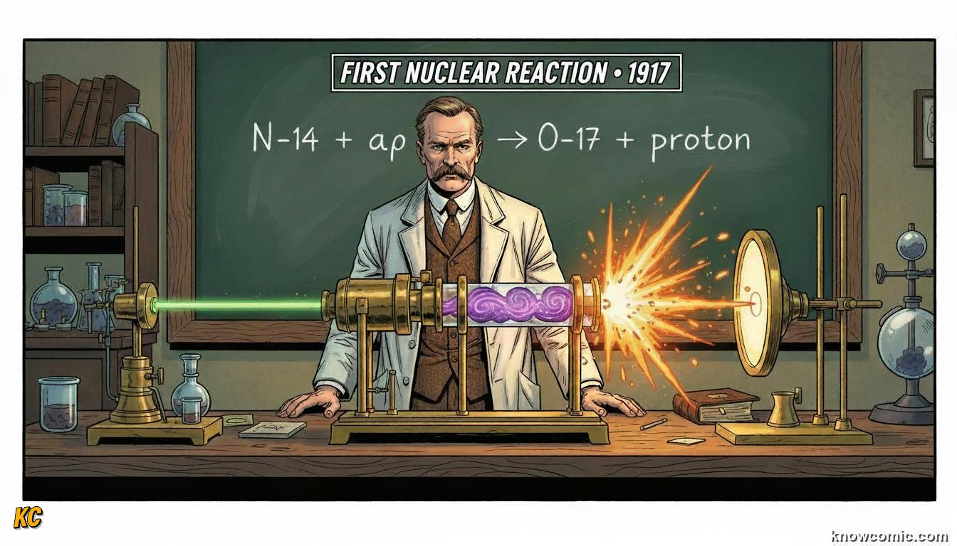 DISCOVERING THE PROTON, 1917: comic illustration from Topic 05: Protons & Atomic Number