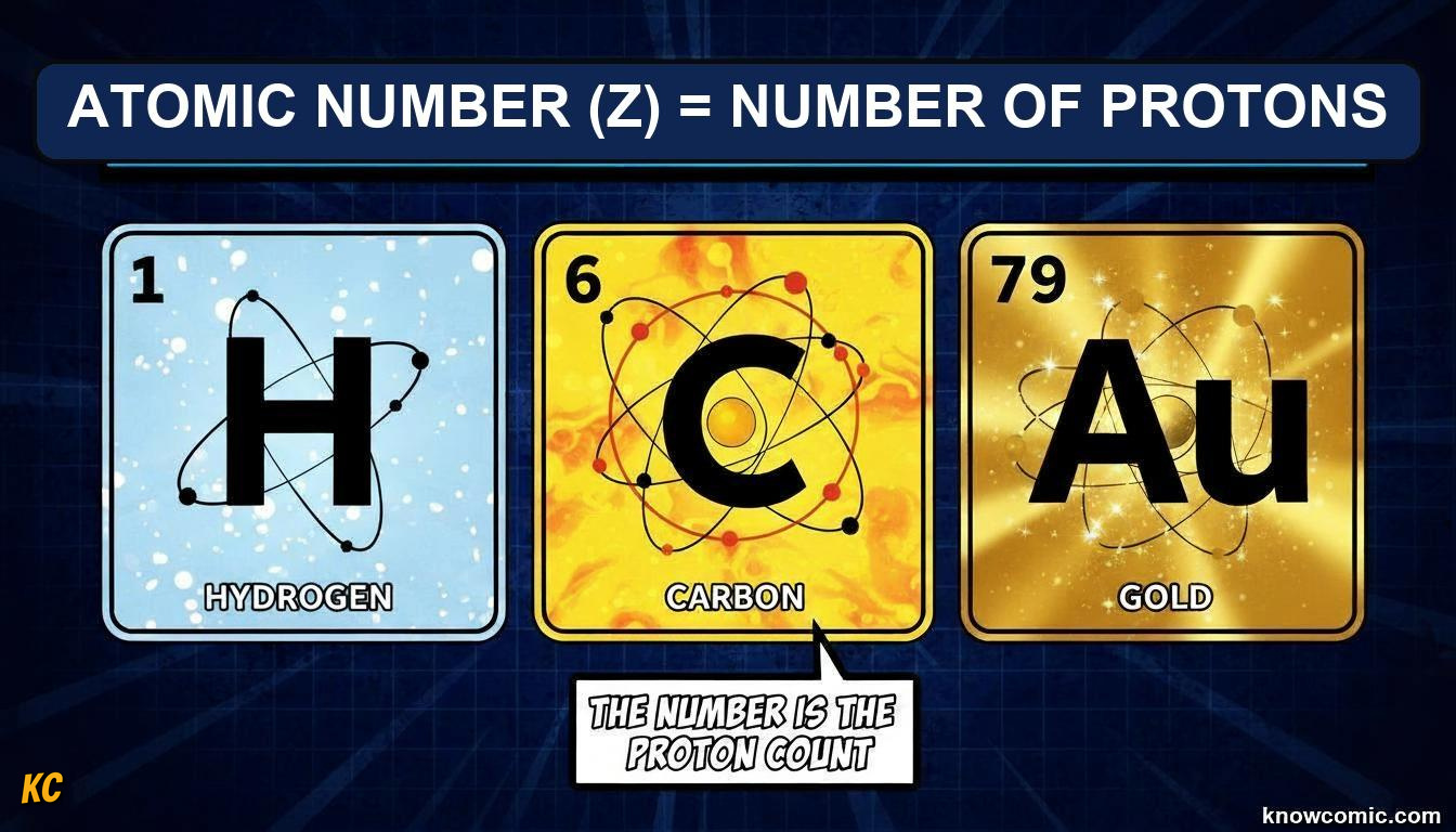 ATOMIC NUMBER = IDENTITY: comic illustration from Topic 05: Protons & Atomic Number