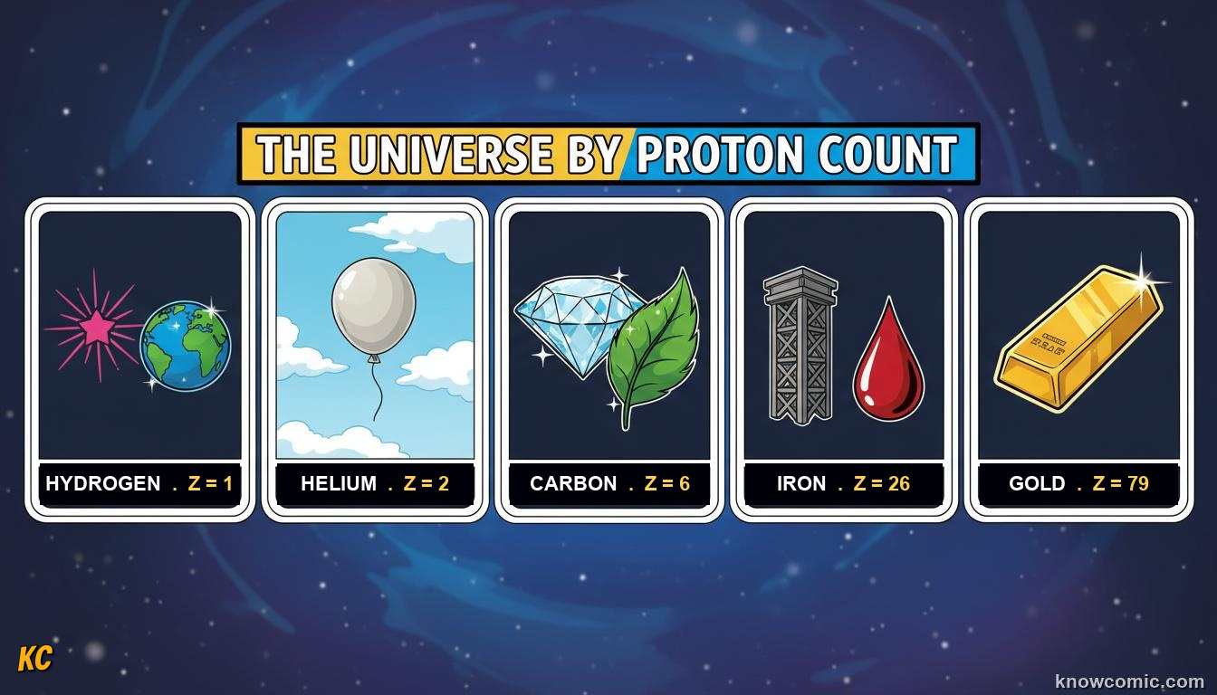 MEET THE ELEMENTS BY NUMBER: comic illustration from Topic 05: Protons & Atomic Number