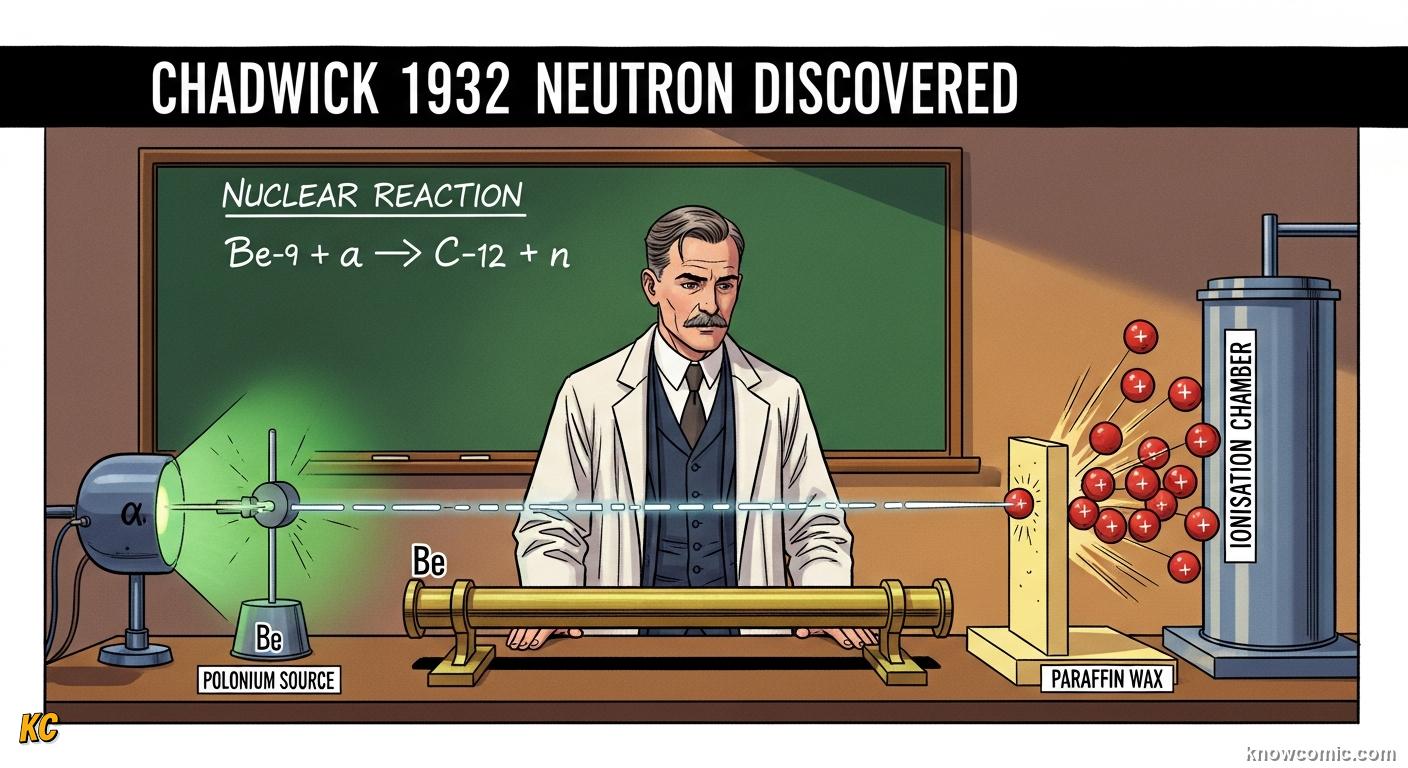 CHADWICK DISCOVERS THE NEUTRON, 1932: comic illustration from Topic 06: Neutrons & Isotopes