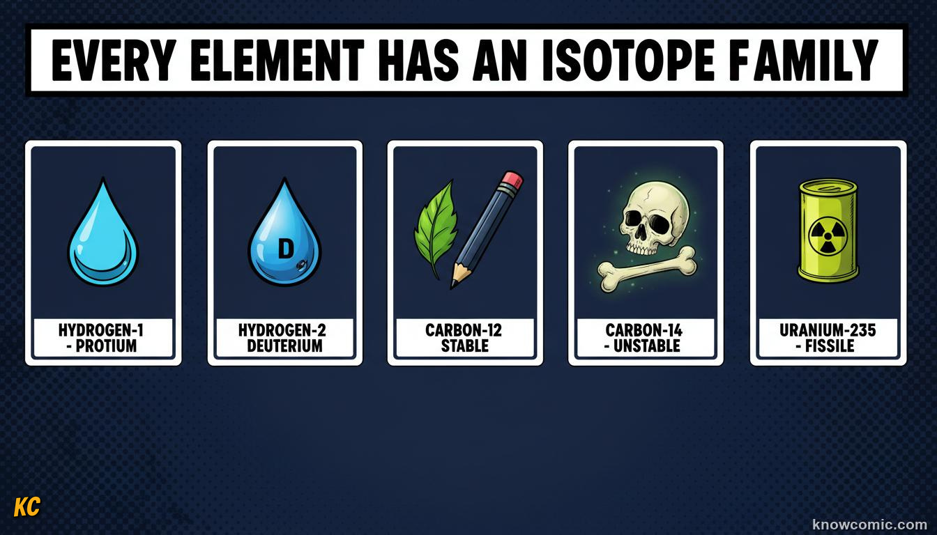 FAMOUS ISOTOPES: comic illustration from Topic 06: Neutrons & Isotopes