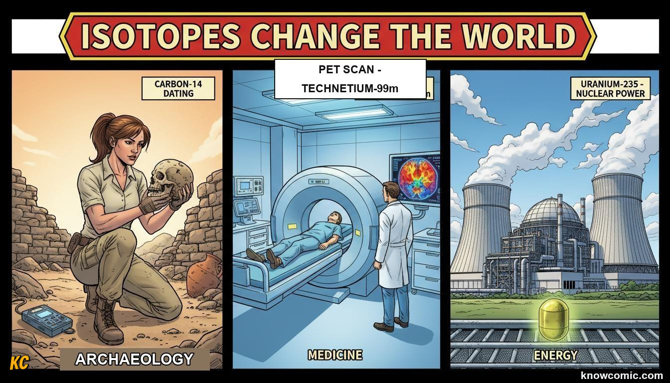 ISOTOPES IN THE REAL WORLD: comic illustration from Topic 06: Neutrons & Isotopes
