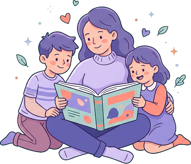 A parent reading a comic with two children