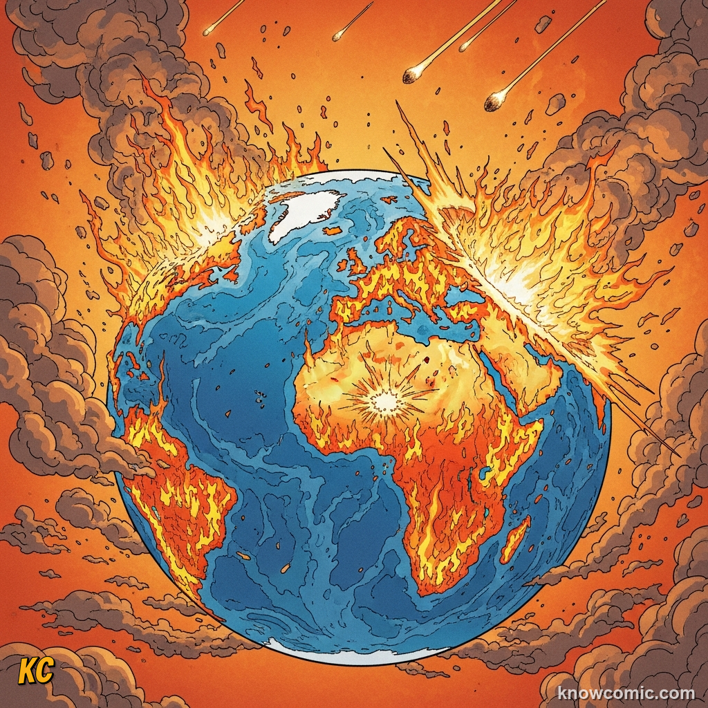 THE ASTEROID THAT CHANGED EVERYTHING, comic scene of global wildfires