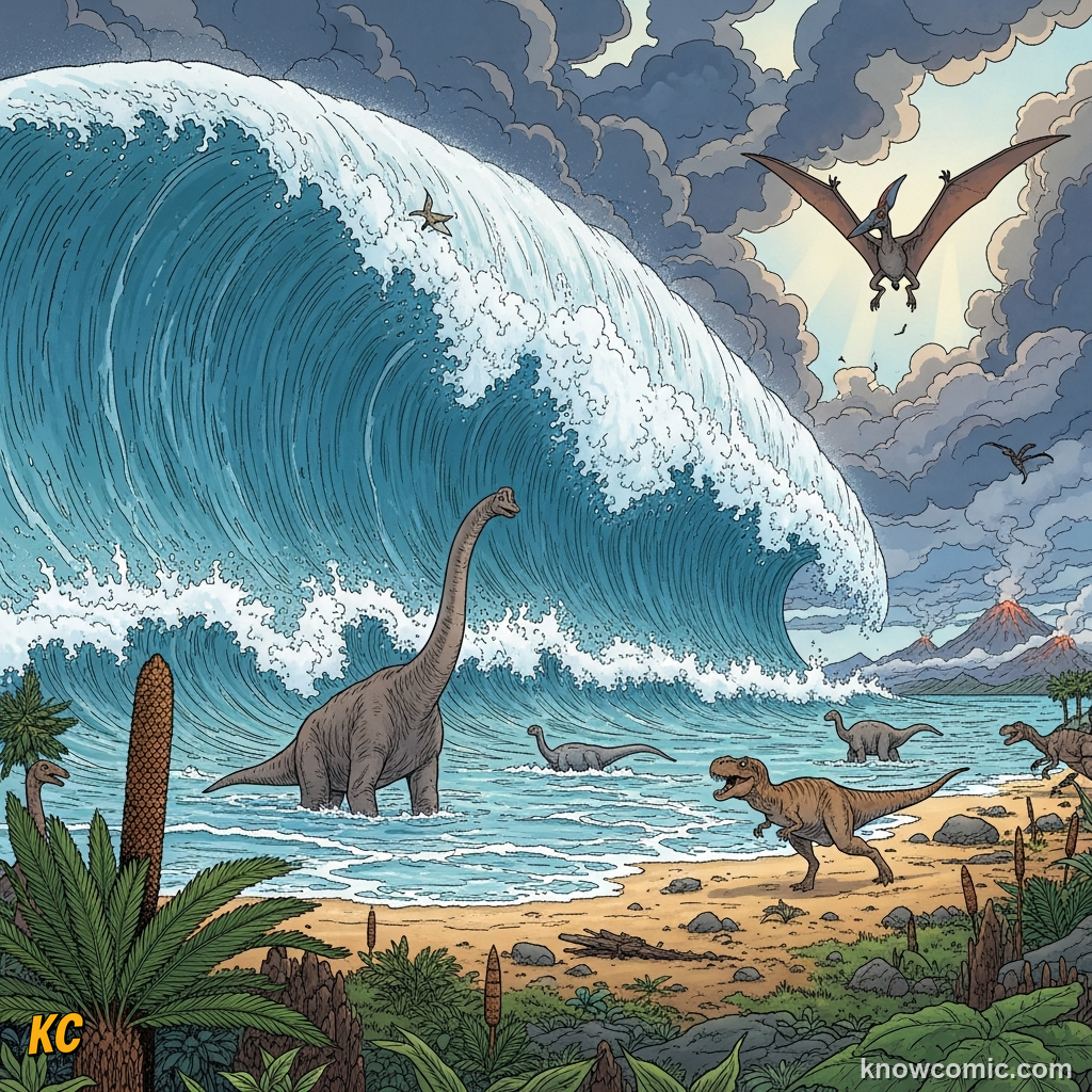 THE ASTEROID THAT CHANGED EVERYTHING, comic scene of impact tsunami
