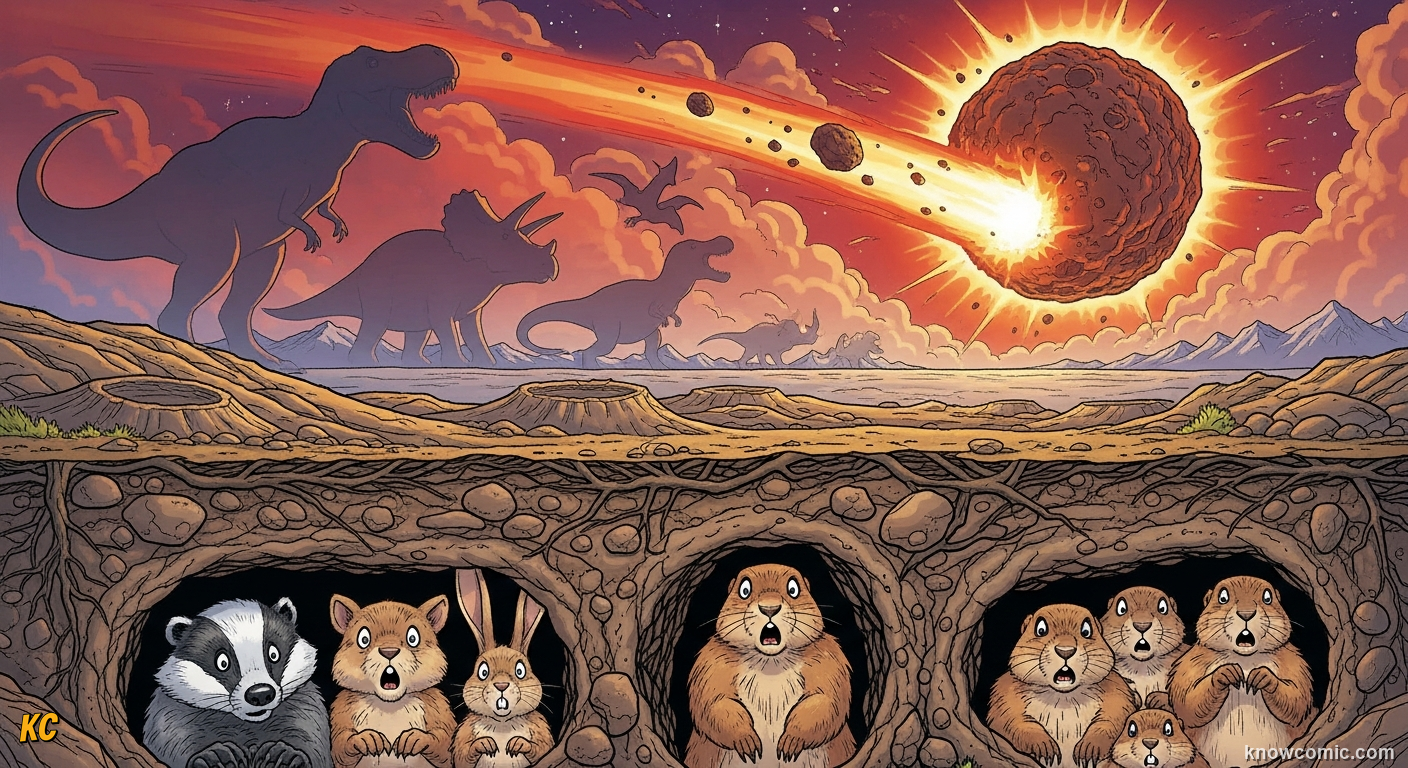 66 MA, comic scene of asteroid survival