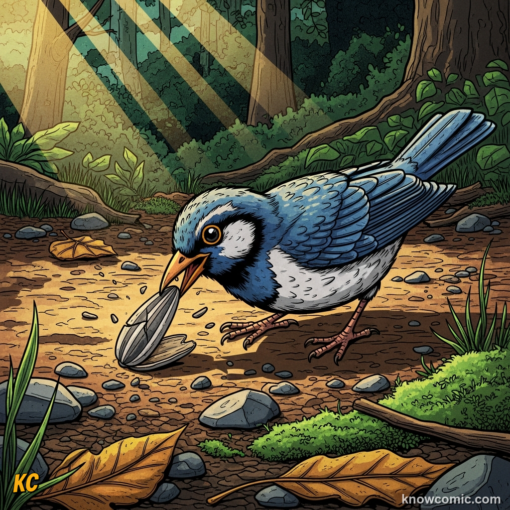 FEATHERS = SURVIVAL GEAR, comic scene of bird seed diet