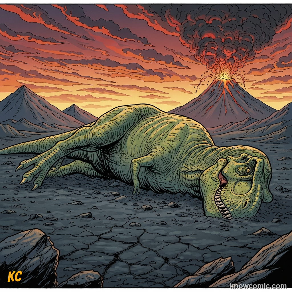 WHO MADE IT THROUGH?, comic scene of extinct giants