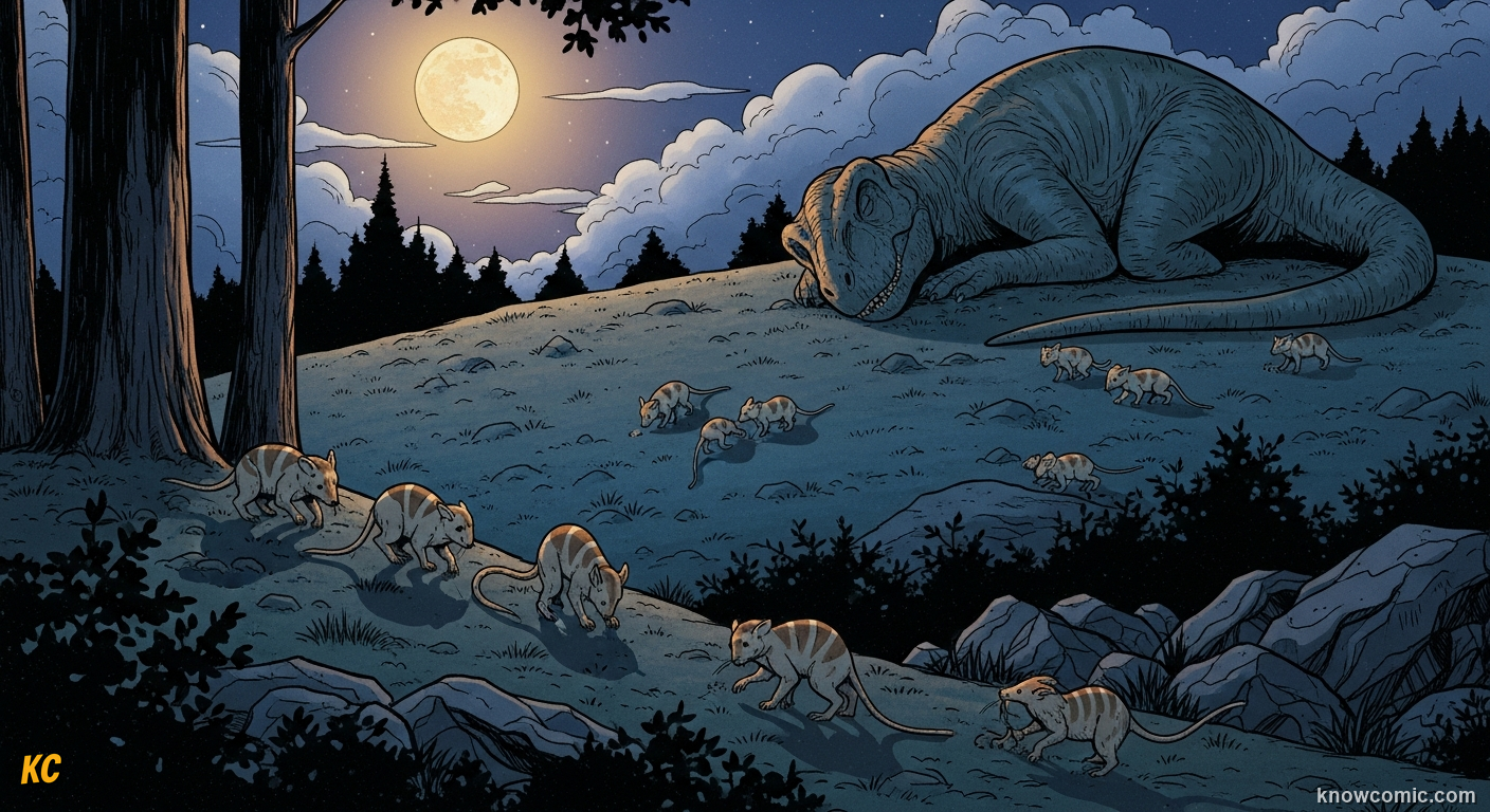 MAMMALS, comic scene of mammal survivors