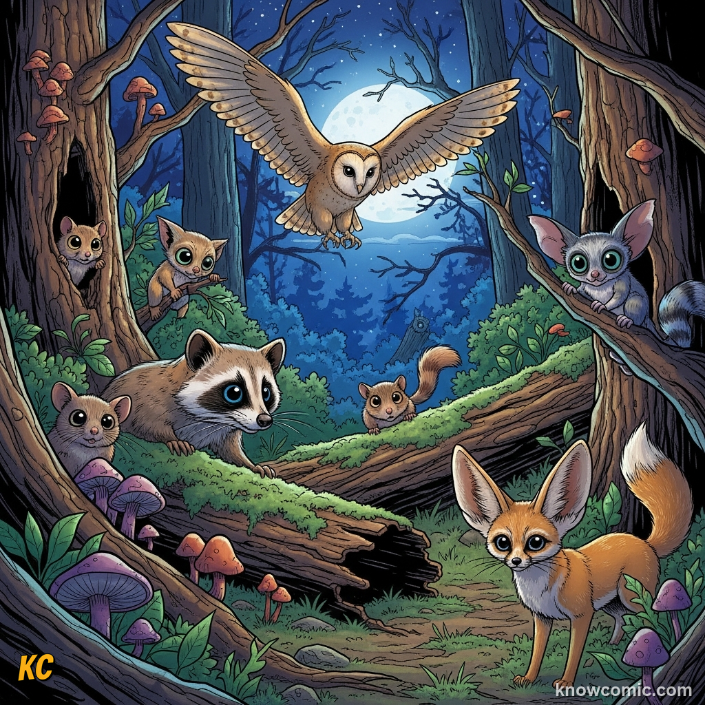 WHAT HELPED WINNERS WIN, comic scene of nocturnal mammals