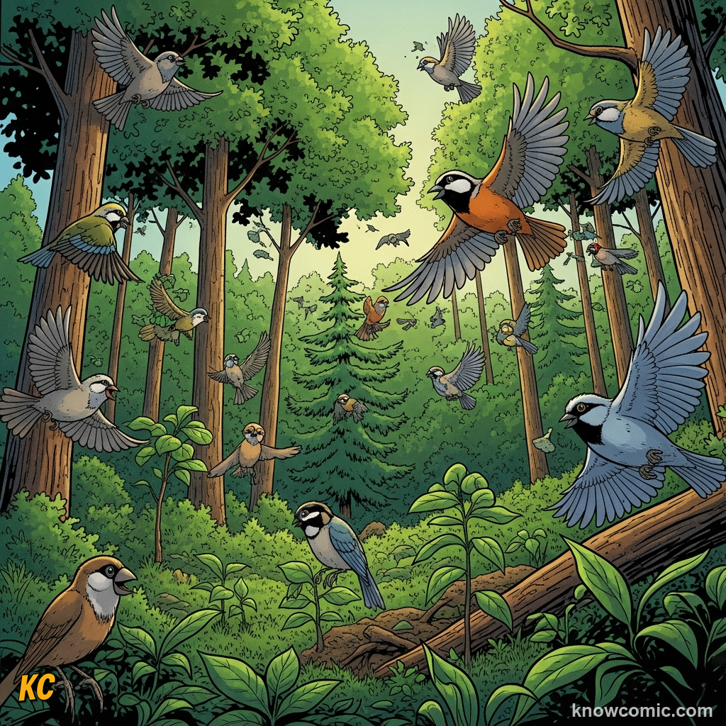 FEATHERS = SURVIVAL GEAR, comic scene of small birds