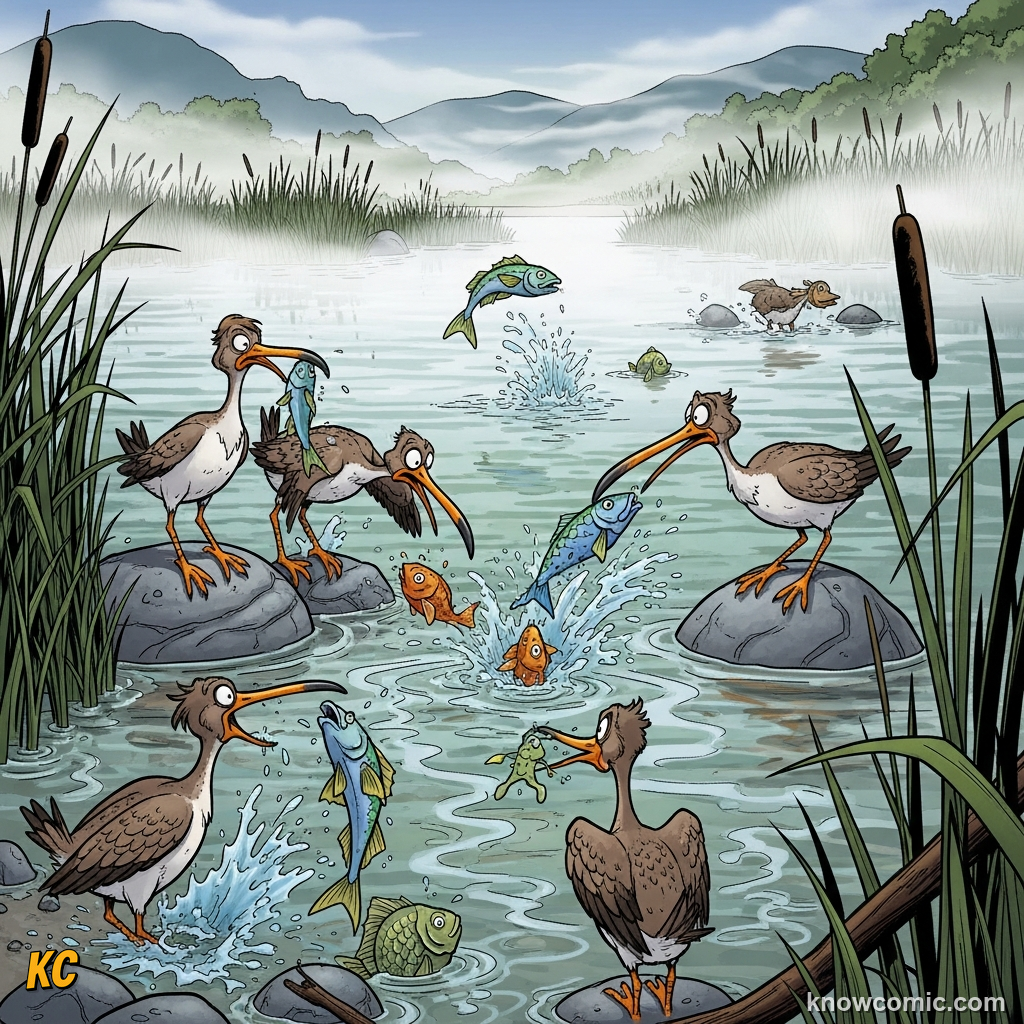 FEATHERS = SURVIVAL GEAR, comic scene of water birds