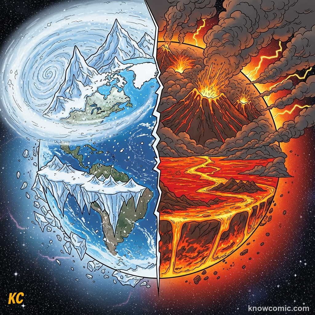 VOLCANOES, ICE, ASTEROIDS, comic scene of climate extinction