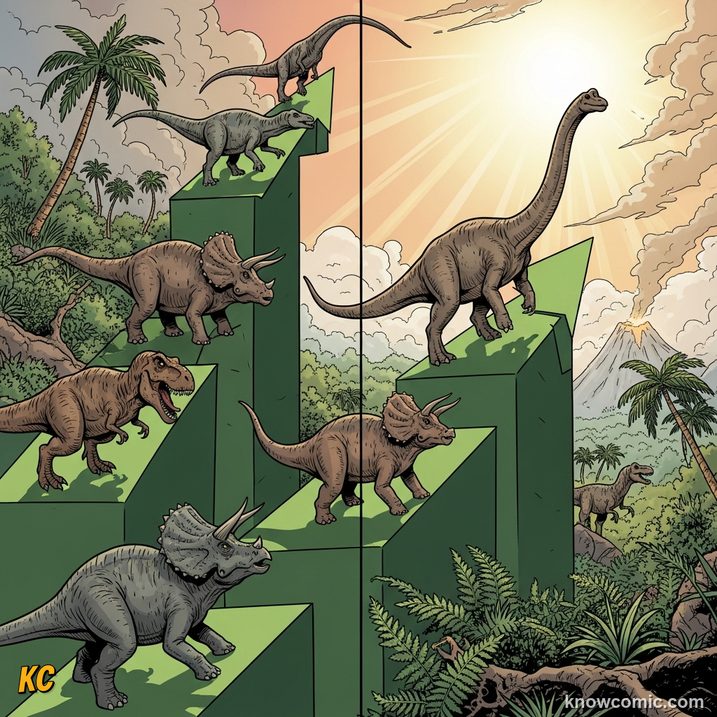 FIVE TIMES THE WORLD RESET, comic scene of dino extinction path