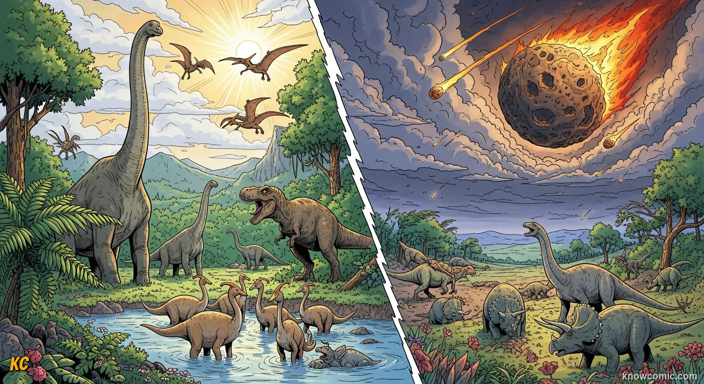 DINO STORY, comic scene of dino extinction story