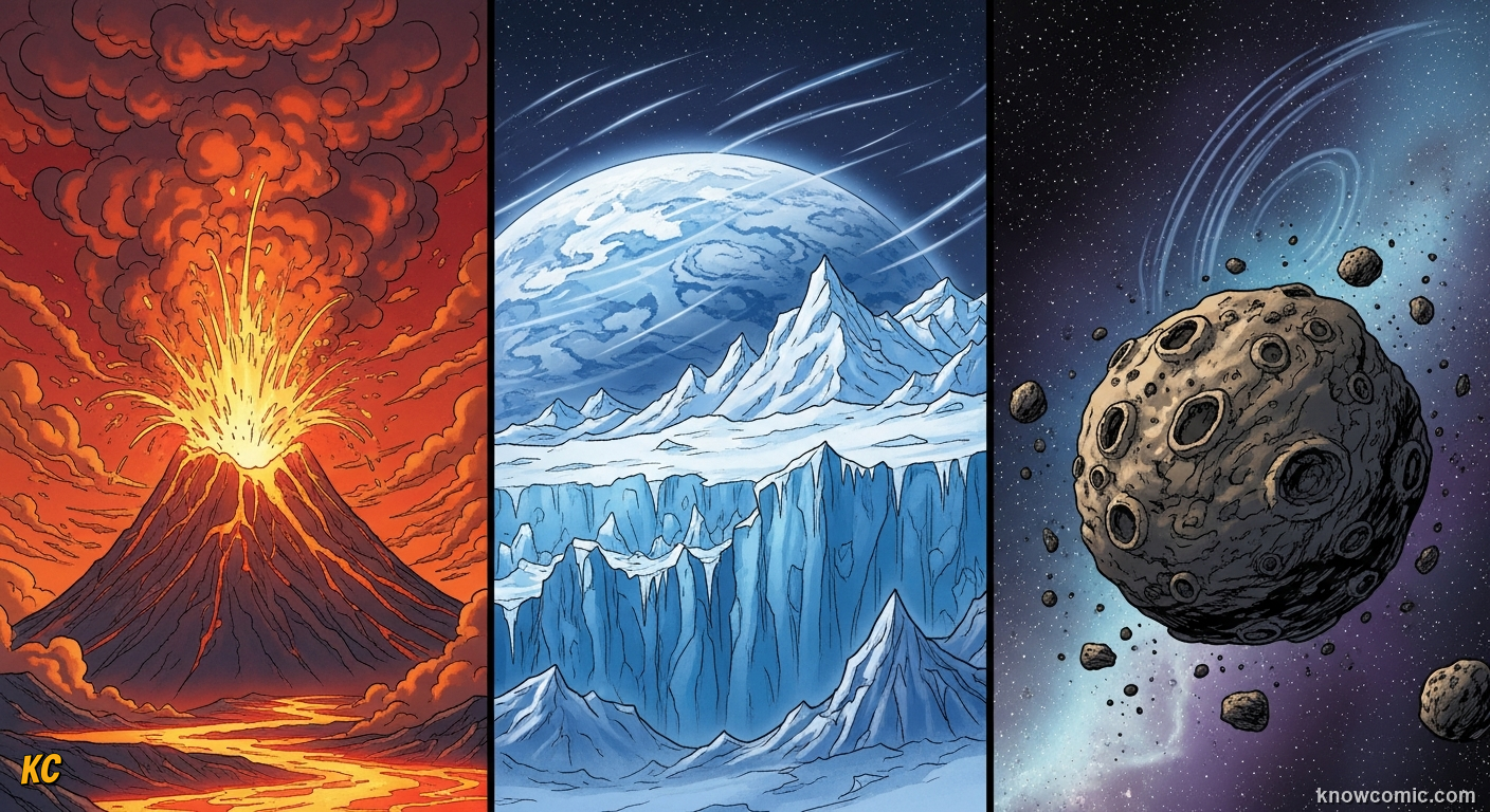 BORN FROM DISASTER, KILLED BY ANOTHER, comic scene of extinction causes