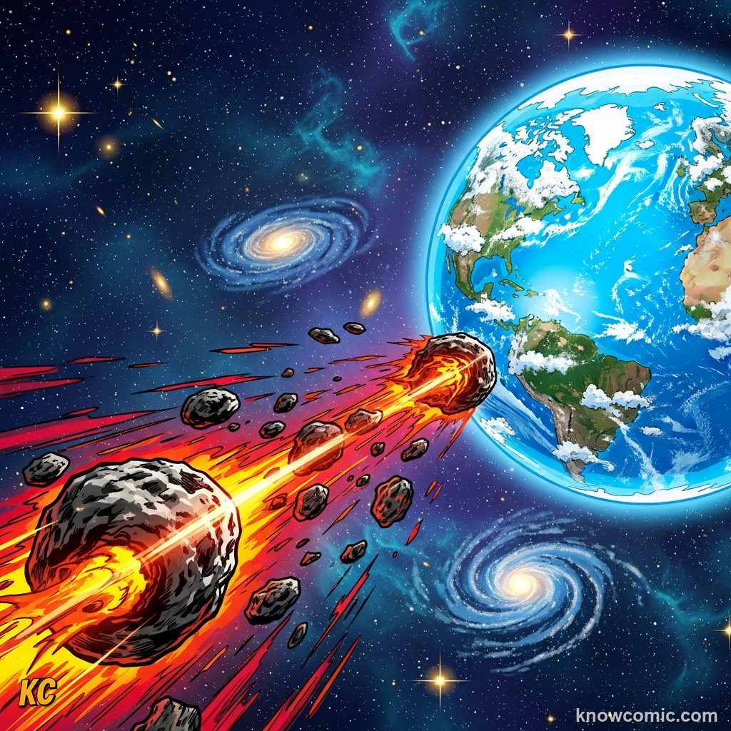 VOLCANOES, ICE, ASTEROIDS, comic scene of impact extinction