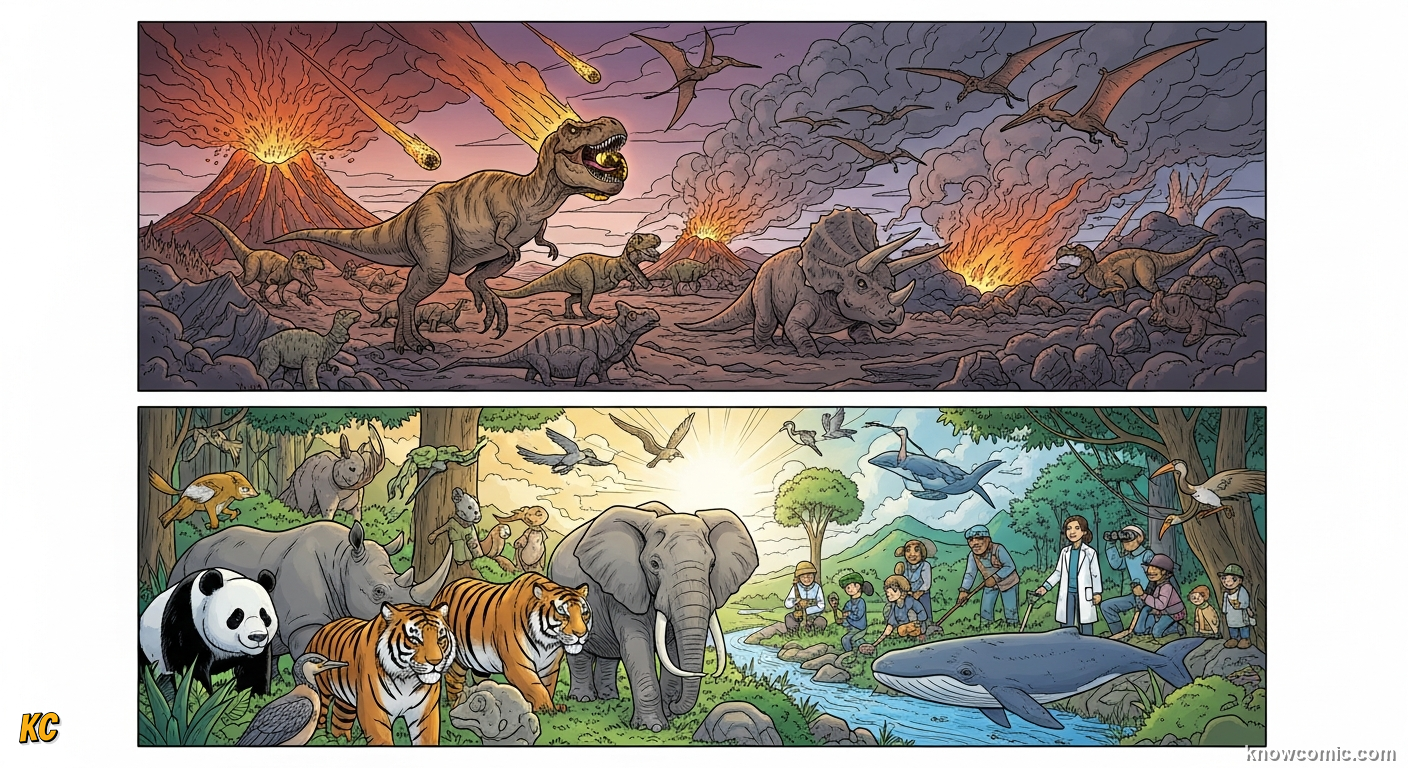 VOLCANOES, ICE, ASTEROIDS, comic scene of sixth extinction