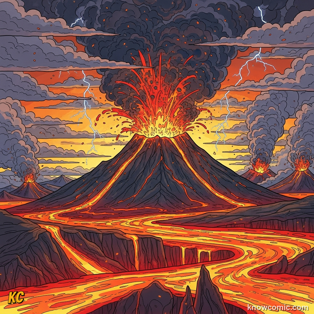 VOLCANOES, ICE, ASTEROIDS, comic scene of volcano extinction