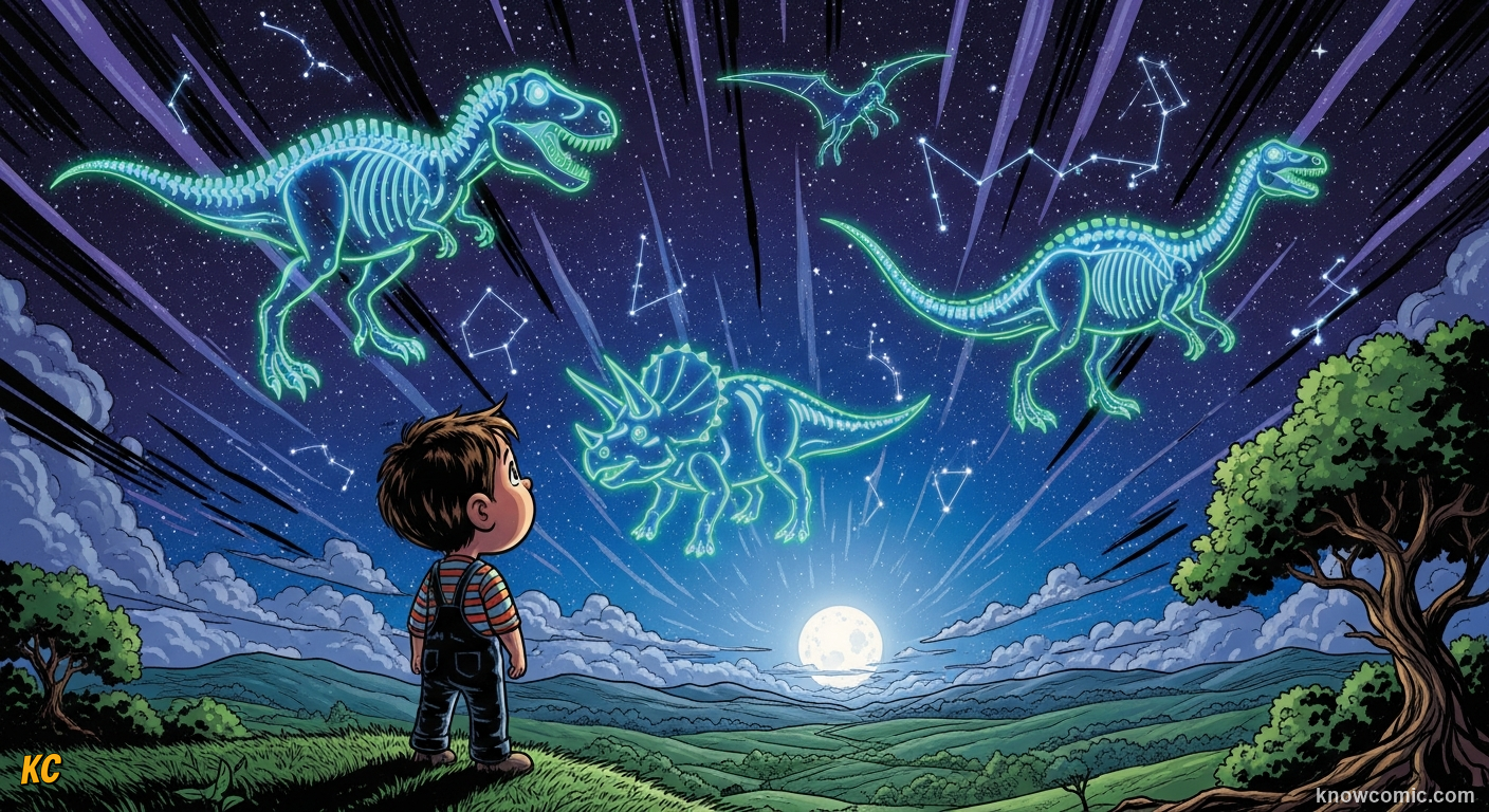 READING THE ROCK CALENDAR, comic scene of deep time lesson