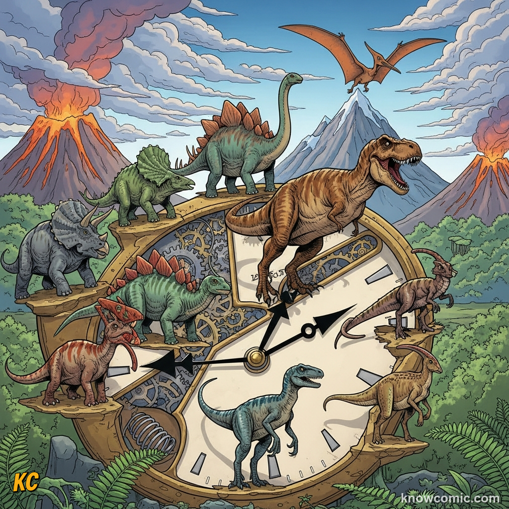 ONE DAY = ALL OF EARTH HISTORY, comic scene of dino hour