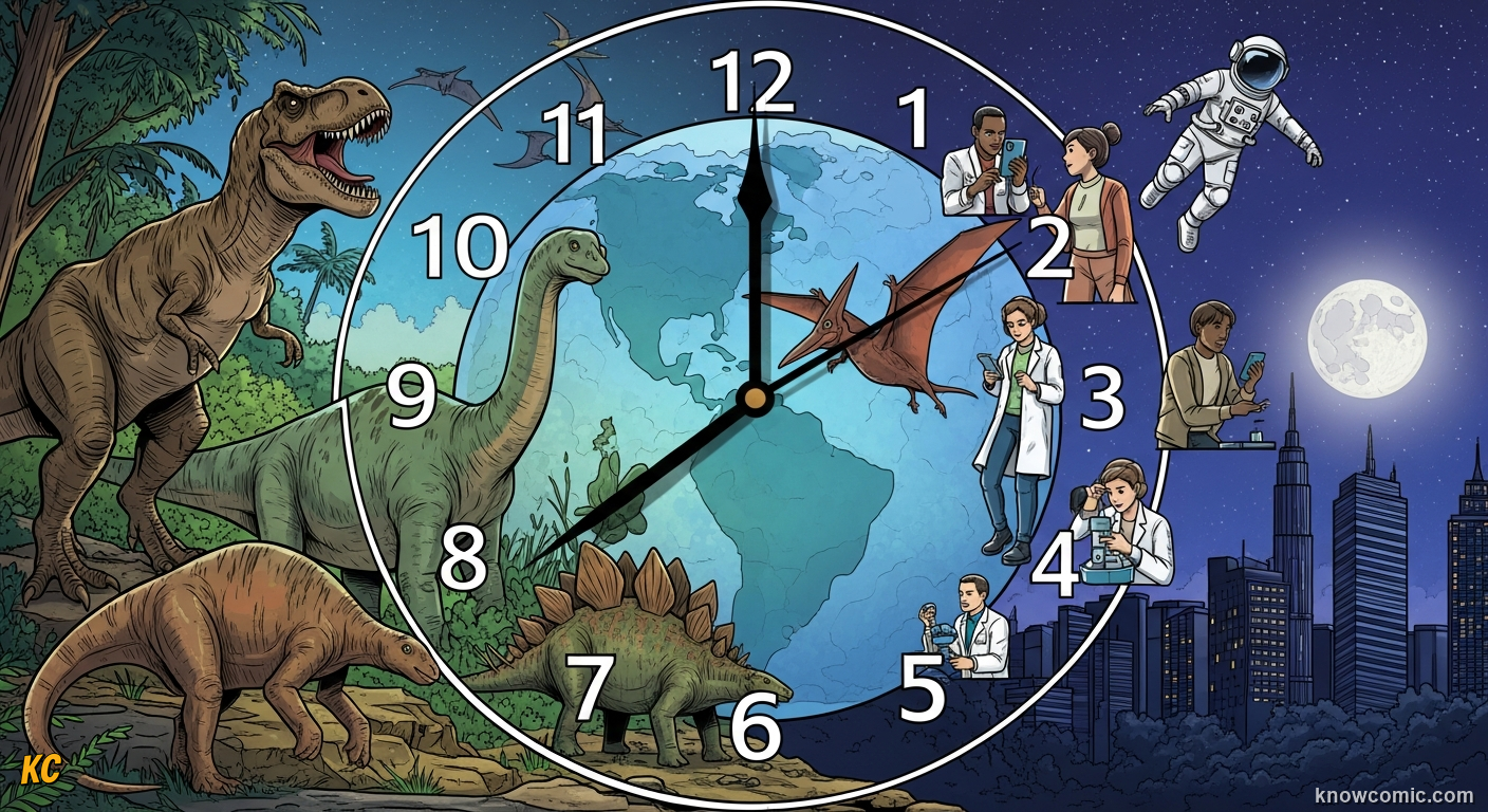 YOUR BRAIN VS DEEP TIME, comic scene of earth 24 hours