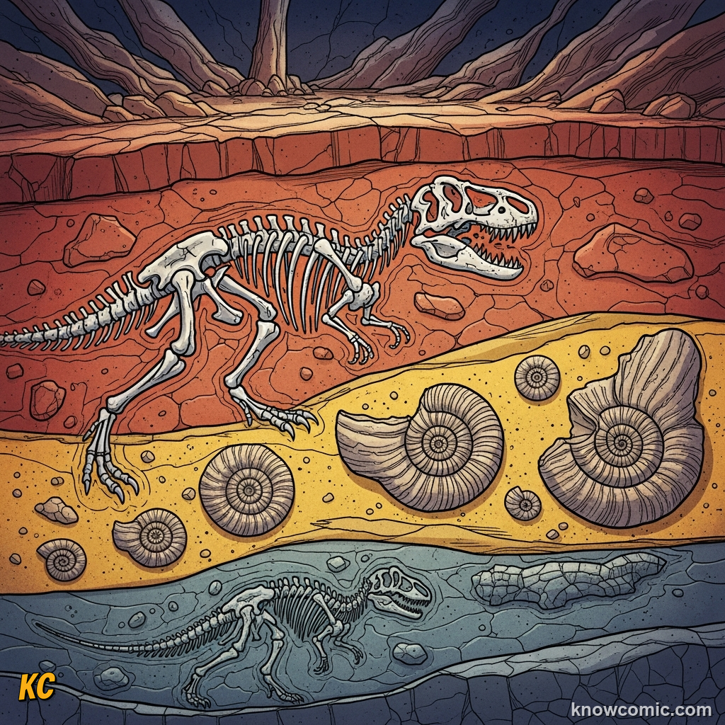READING THE ROCK CALENDAR, comic scene of fossil dating