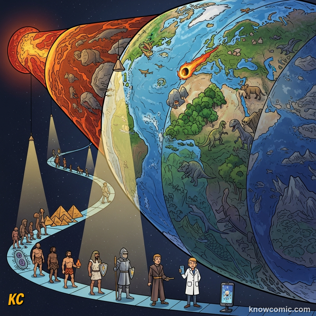 YOUR BRAIN VS DEEP TIME, comic scene of human history scale