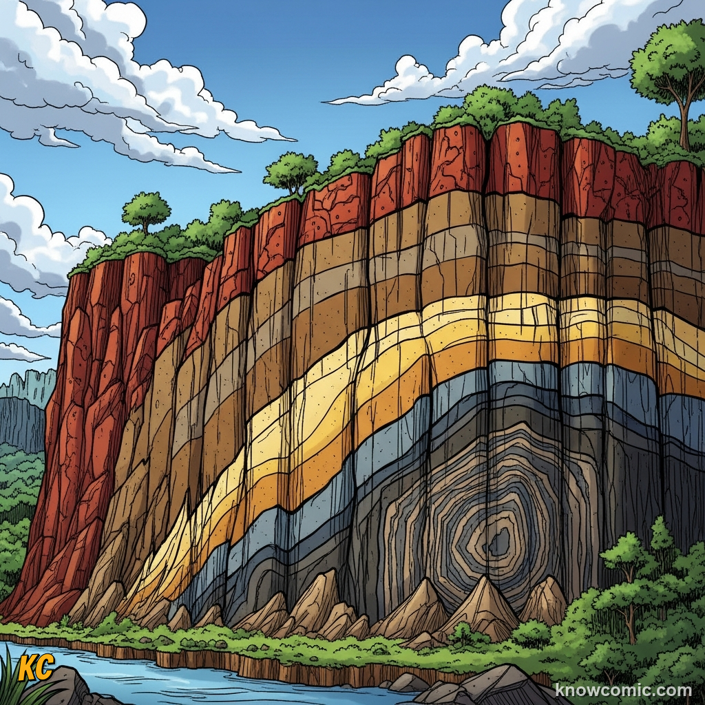 READING THE ROCK CALENDAR, comic scene of rock layers