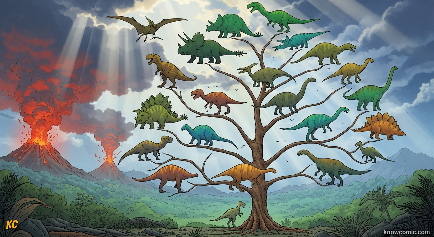 OUTSHADOWED AT FIRST, comic scene of dinosaur family tree