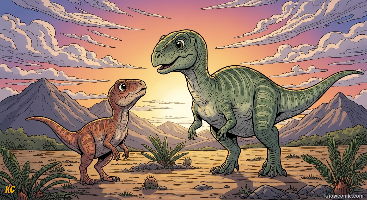 ~230 MA, comic scene of eoraptor herrerasaurus