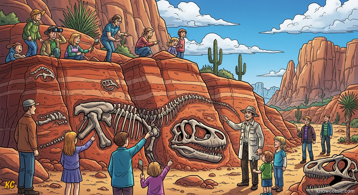 ANCESTORS OF ALL DINOS, comic scene of fossil dawn site