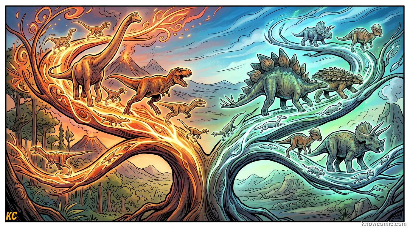 Comic illustration of the dinosaur family tree splitting into two great branches