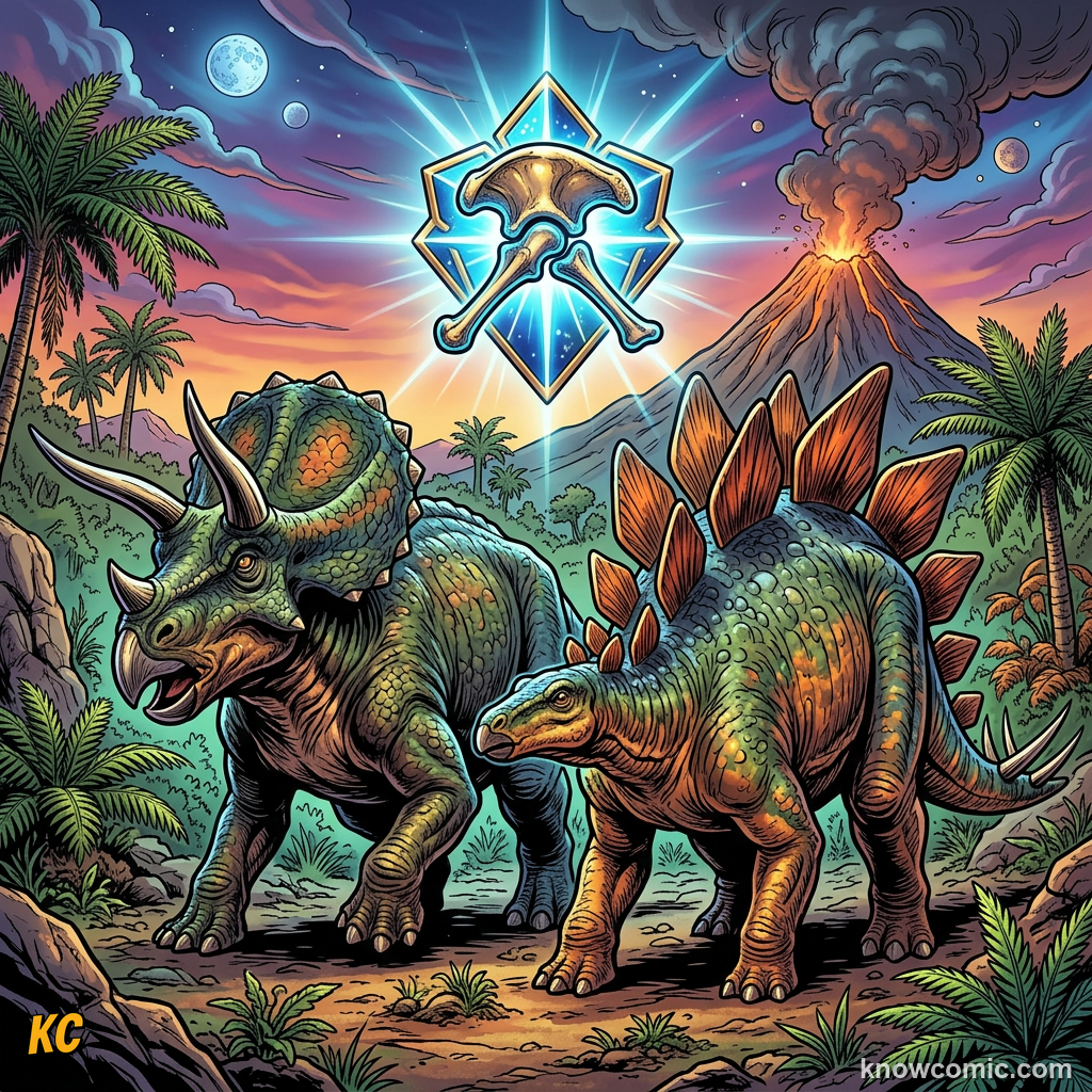 Comic scene of the ornithischian branch with plated, horned, and duck-billed dinosaurs