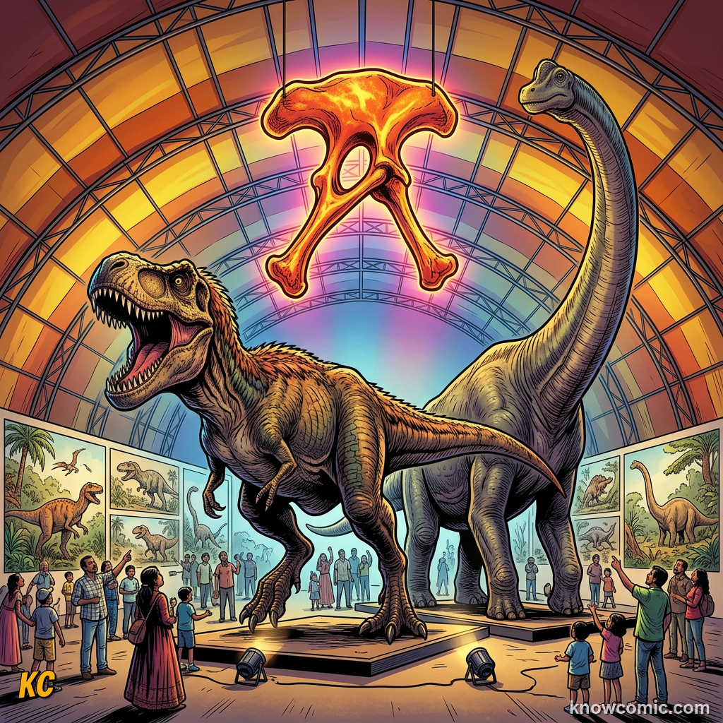 Comic scene of the saurischian branch with theropods and long-neck sauropods