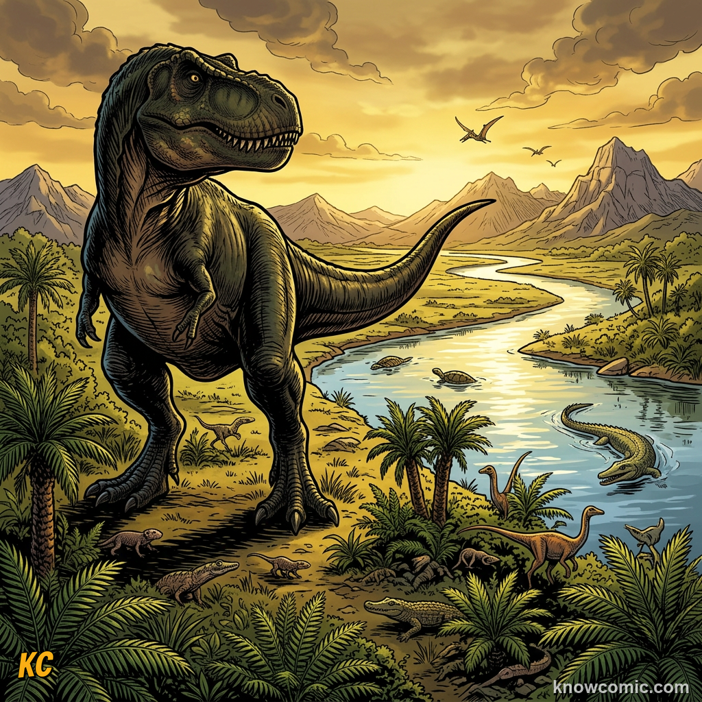 Comic scene of T. rex roaming rivers and forests in Cretaceous western North America