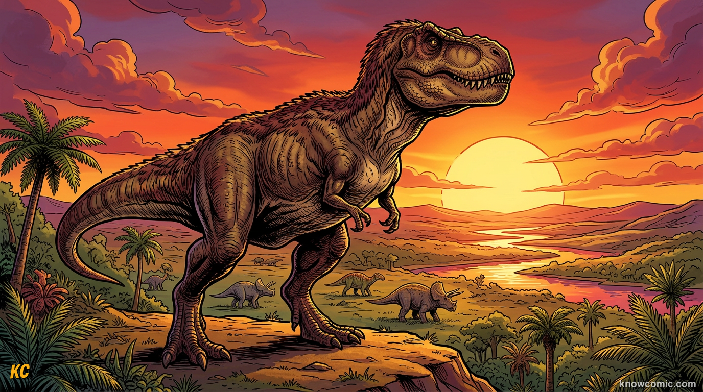 Comic illustration of Tyrannosaurus rex standing as the king of carnivores in Late Cretaceous North America