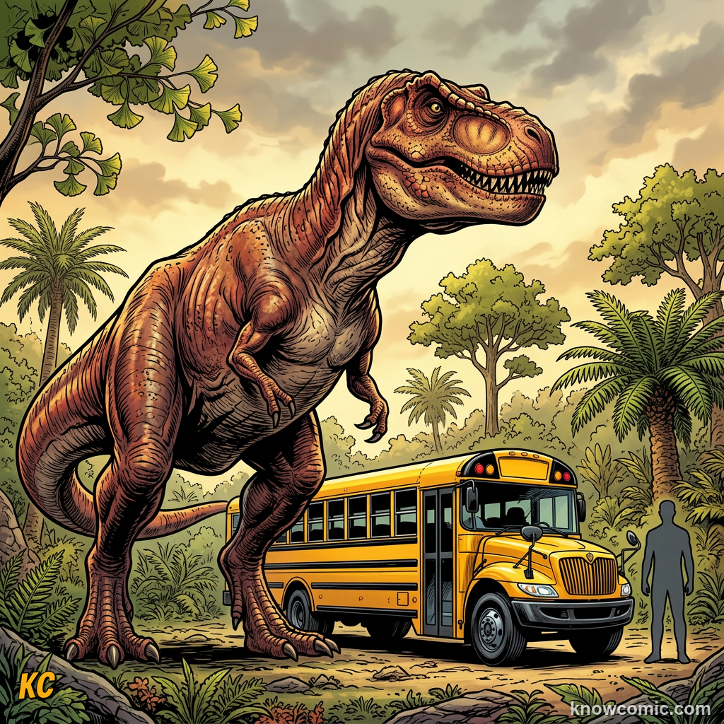 Comic size comparison showing T. rex next to a human and an elephant
