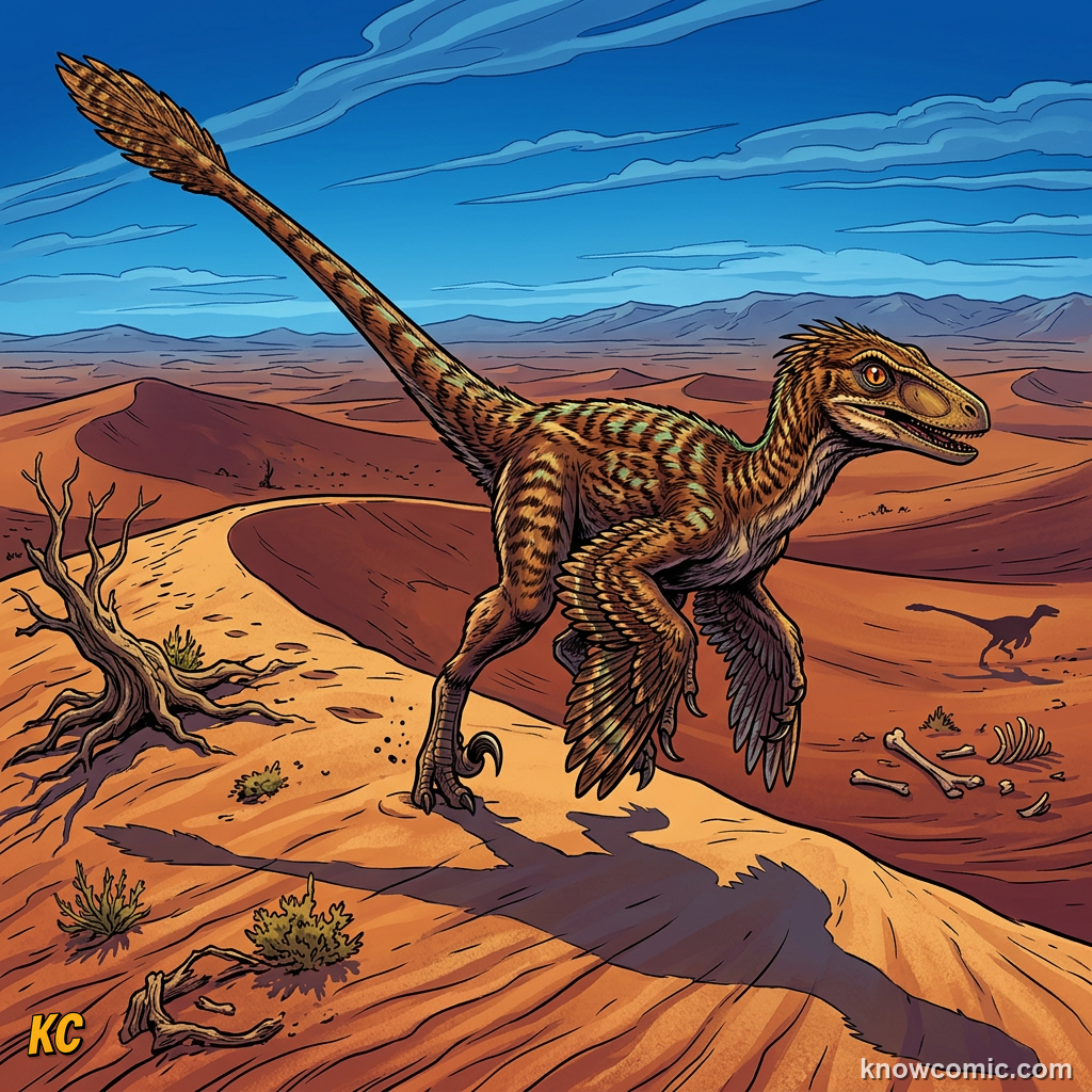 Comic scene of Late Cretaceous Mongolian desert where Velociraptor fossils were found