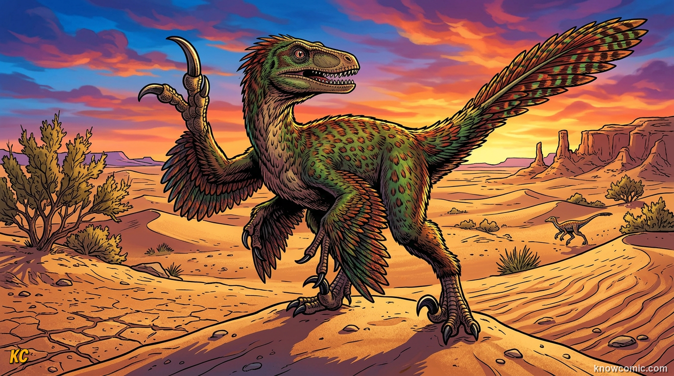 Comic illustration of the real feathered Velociraptor mongoliensis at turkey size in a Mongolian desert