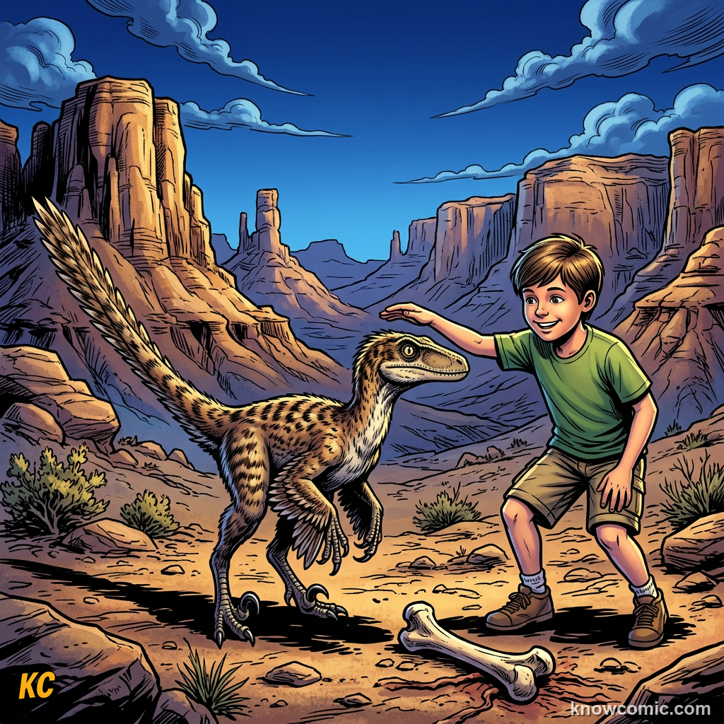 Comic size comparison of Velociraptor next to a turkey and a wolf