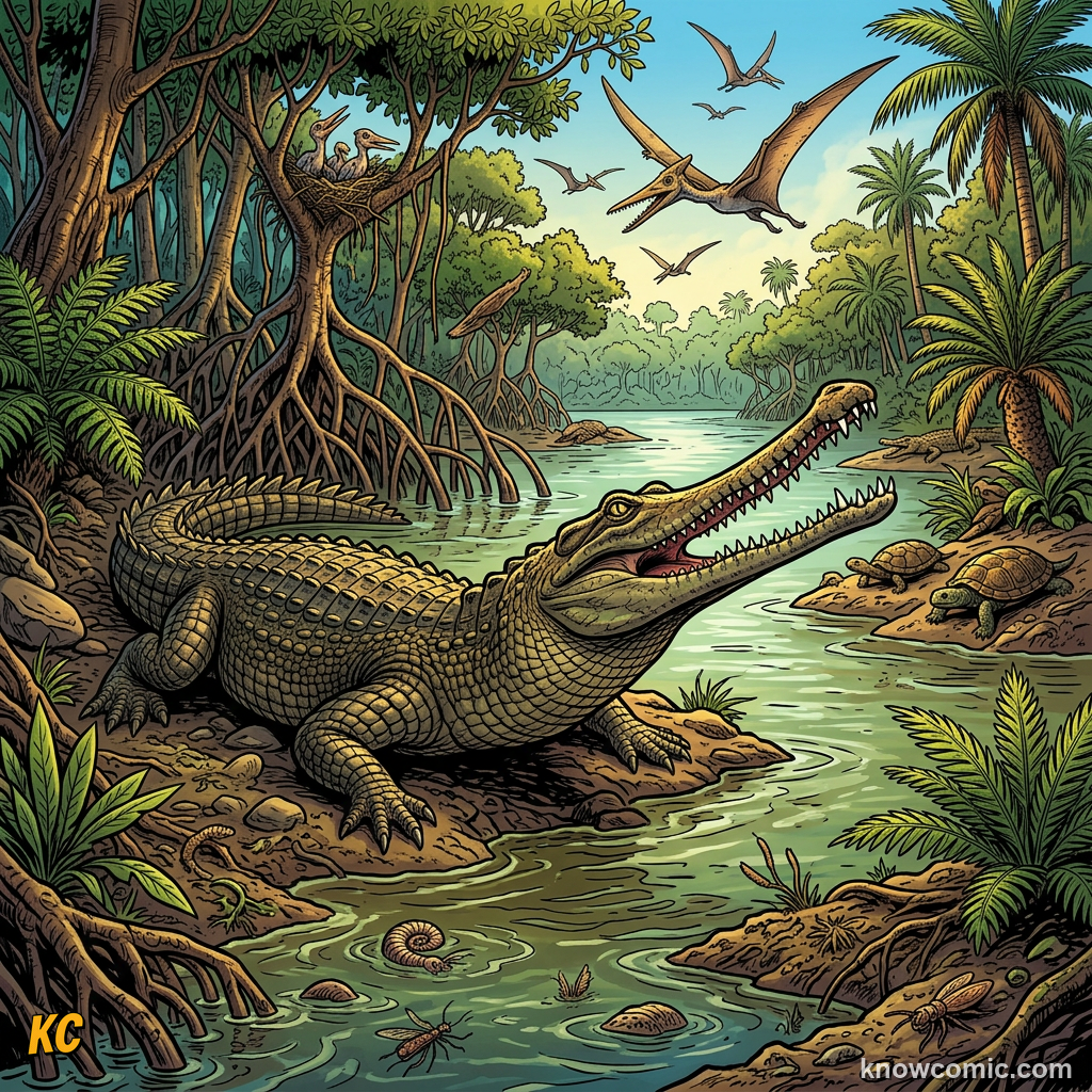 Comic panorama of lush Cretaceous river systems in North Africa
