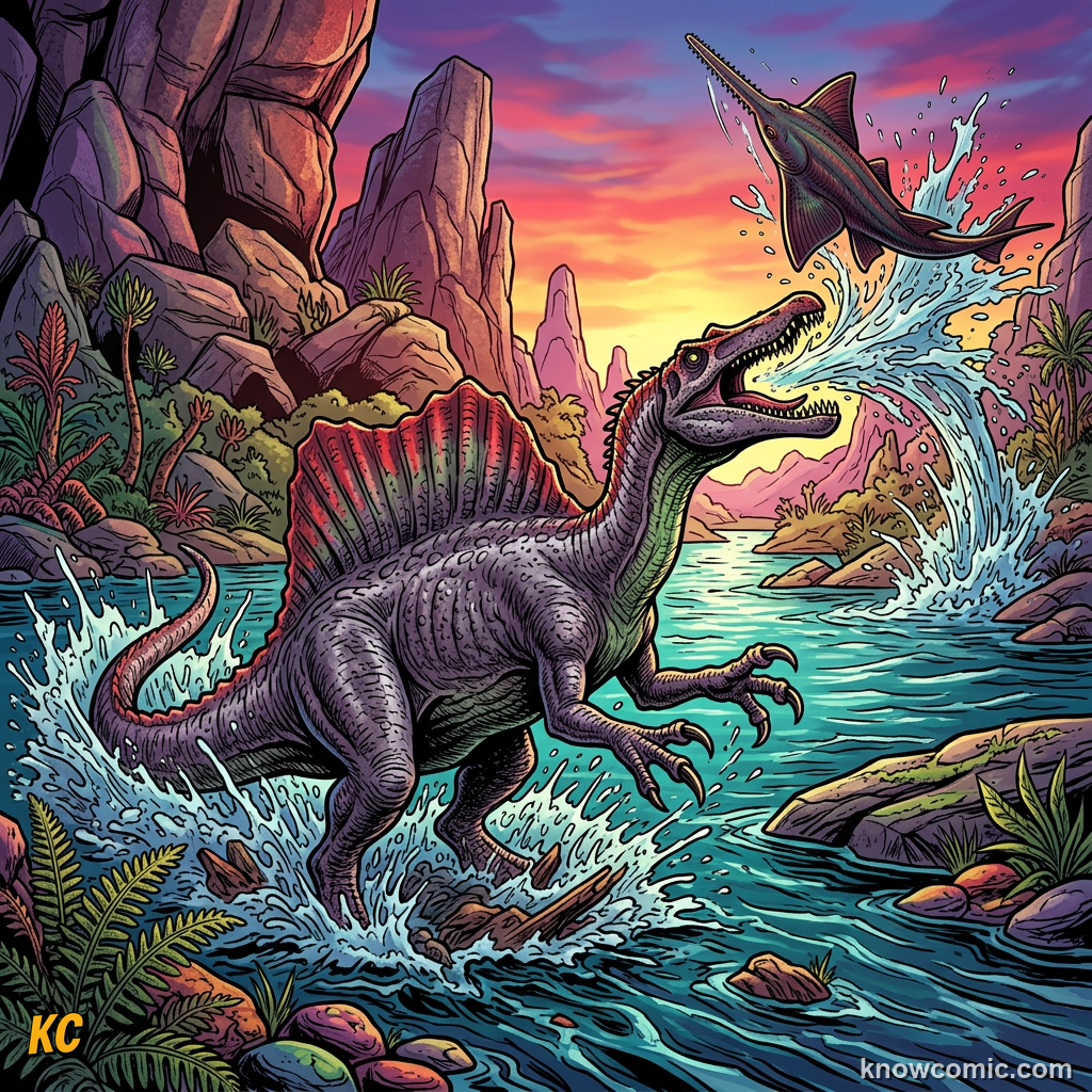 Comic hero pose of Spinosaurus rising from a North African river