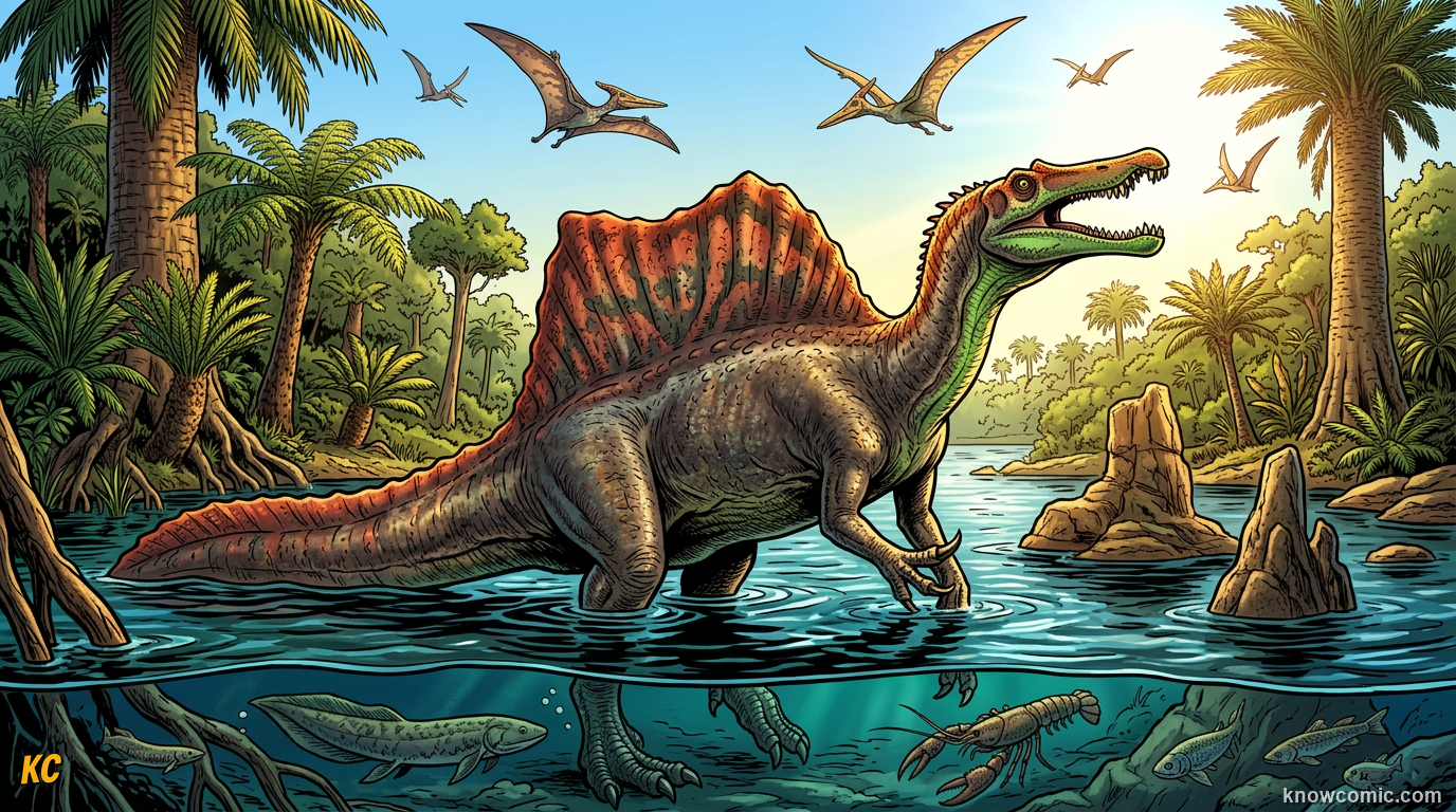 Comic illustration of Spinosaurus wading through a Cretaceous North African river